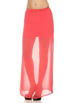 

Customize Sexy Stretch Waistband Chiffon Sheer Side Slit Cut Maxi Skirt with Inner Short