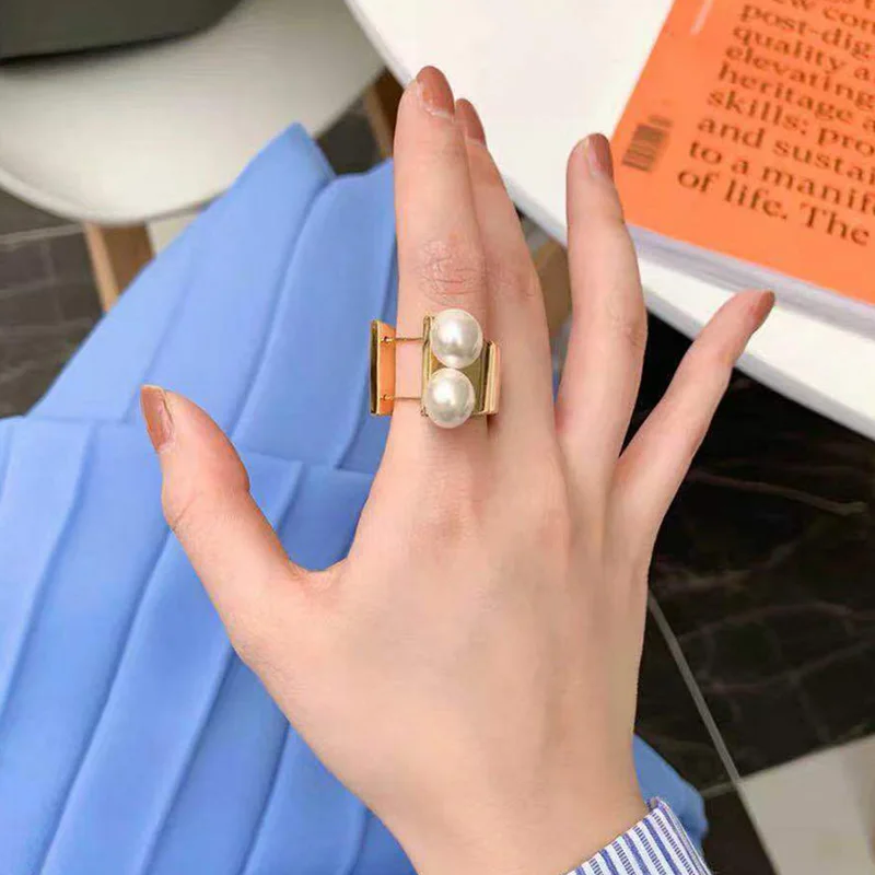 

New Trendy Double Simulated Pearl Rings For Women Wide Gold color Alloy Band Statement Finger Ring Wedding Rings Bridal Jewelry