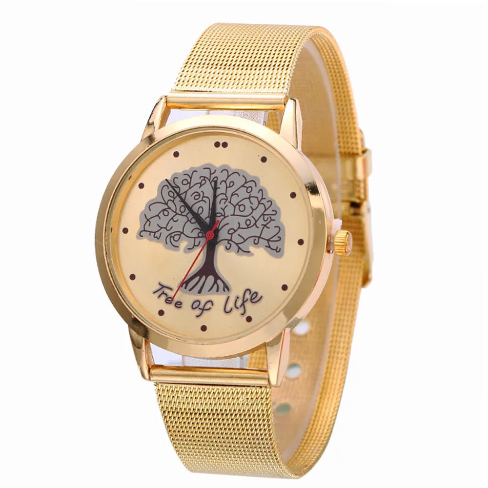 

2016 Hot Women Watches Gold Stainless Steel Mesh Band Analog Quartz Wrist Watch Tree Pattern Clock Relogio Feminino