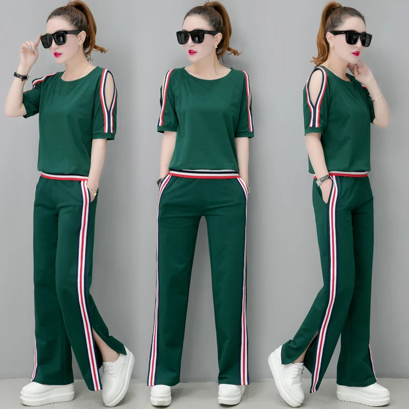 

Green Tracksuits for Women Outfit Sportswear Co-ord Sets 2 Piece Set Plus Size 2019 Summer Striped Loose Off Shoulder Clothing
