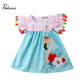 

2018 Brand New Toddler Baby Girls Sweet Summer Dress Flamingo Colorful Tassel Sleeveless Sundress Striped Patchwork Dress 1-6Y