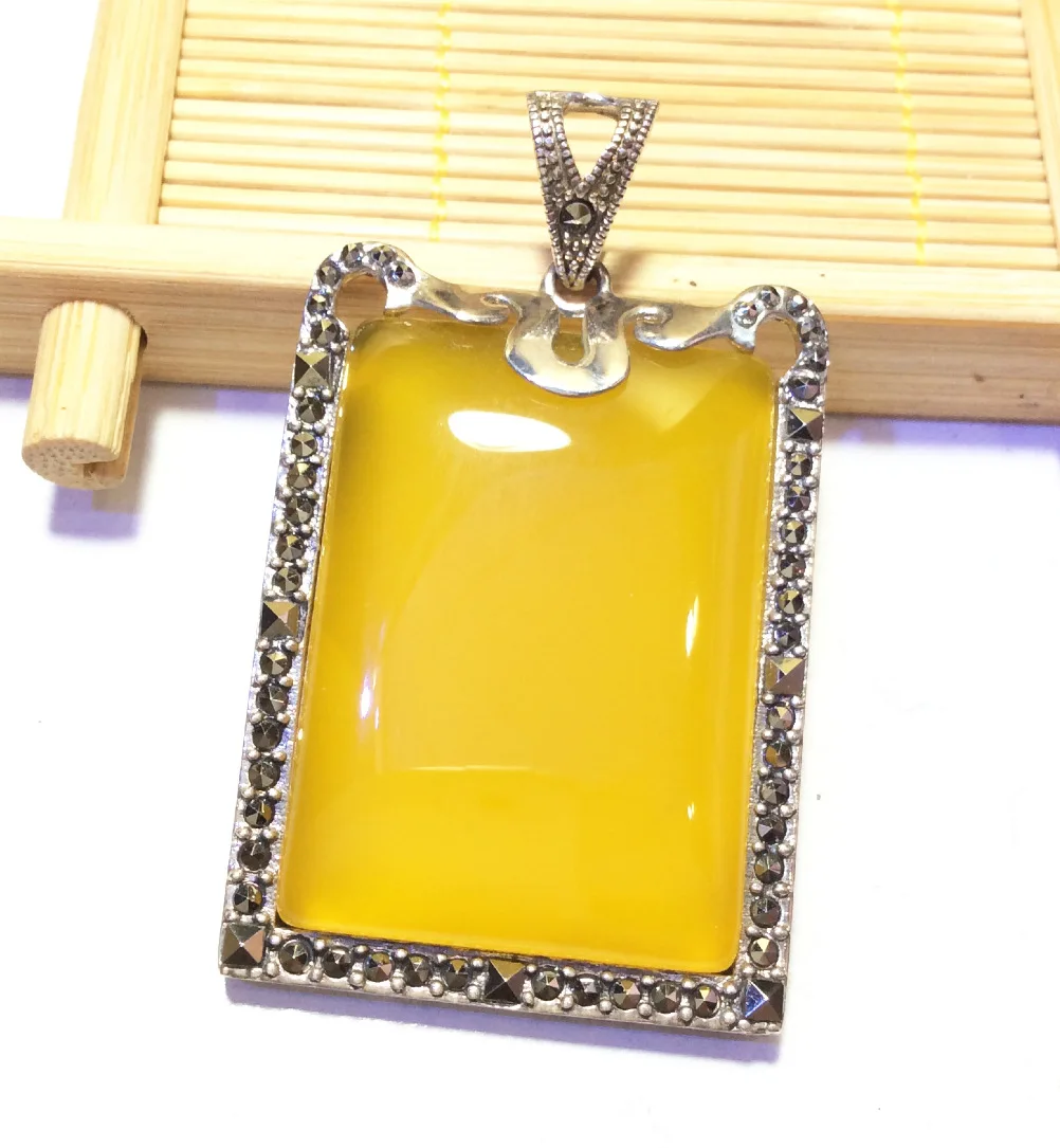

S925 pure natural Silver Inlaid mosaic square pendant ornaments retro pulp