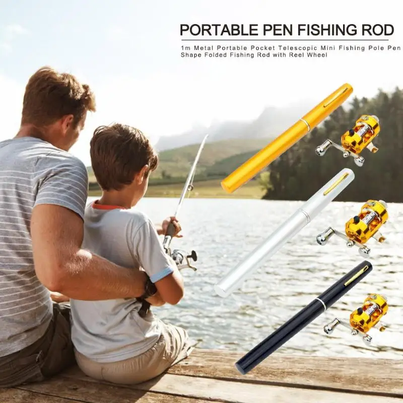 

1m Metal Portable Pocket Telescopic Mini Fishing Pole Pen Shape Folded Fishing Rod with Reel Wheel Fishing Tackle Tool