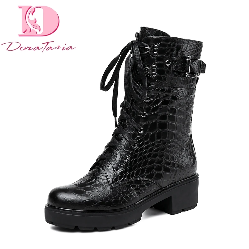 

DoraTasia Brand New Natural Cow Leather Genuine Leather Stone Print Buckle women's Boots Shoes Boots Shoes Woman