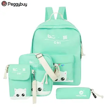 

4pcs/Set Women Canvas Backpacks For Teenage Girls Cute Cat Print Backpacks Girls Canvas Fashion Schoolbags Rucksack For Girls F