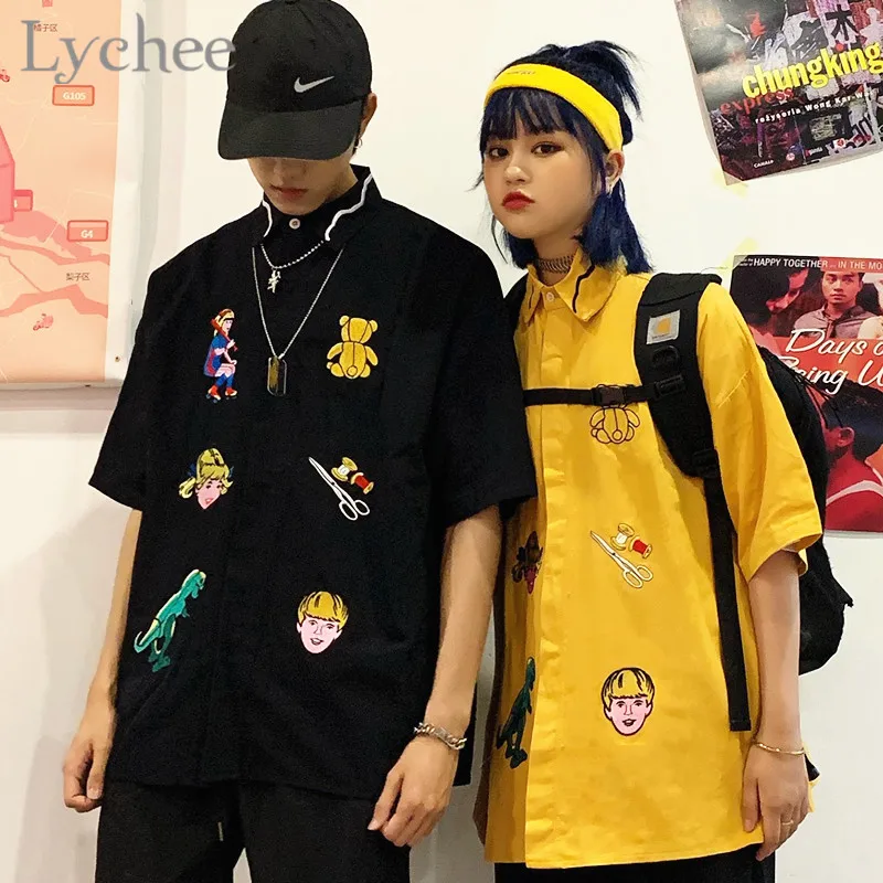 

Lychee Harajuku Cartoon Dinosaur Embroidery Female Blouse Shirt Short Sleeve Turn Down Collar Summer Spring Loose Women Blouse