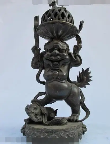 

Chinese Pure Bronze Foo Dogs Lion Elephant Sheep Buddhism incense burnerdha Statue