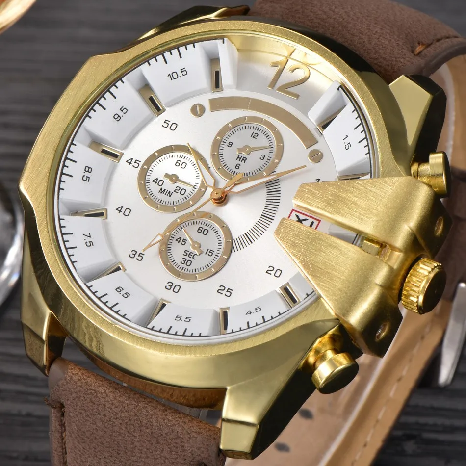 Hot Sale Men s Clock Analog Steel Case Quartz Watch Big Dial PU Leather Wrist Sport