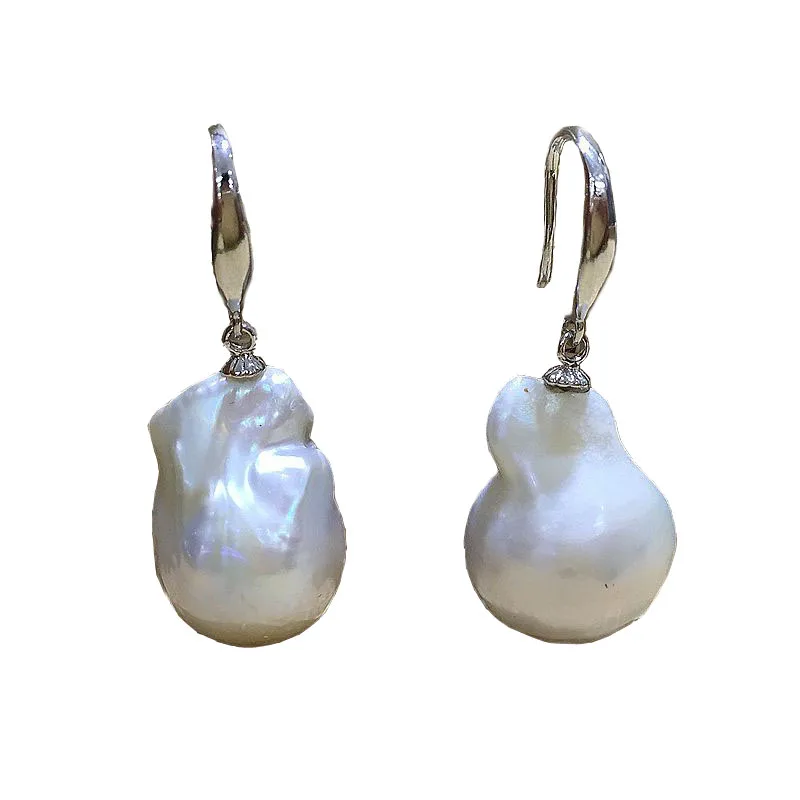 

special big size baroque nucleate stely hooking earring flameball shape white color natural freshwater pearl 925 Sterling silver