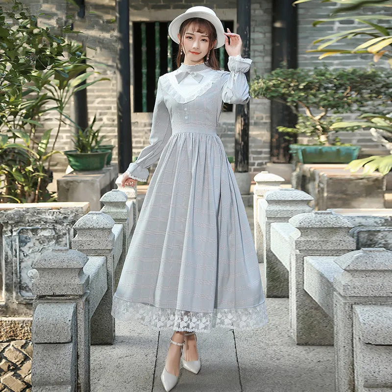 

Spring Autumn Women Vintage Retro Elegant Long Dress Palace Style Long Sleeve Plaid Lace Patchwork modis light grey Long Dress