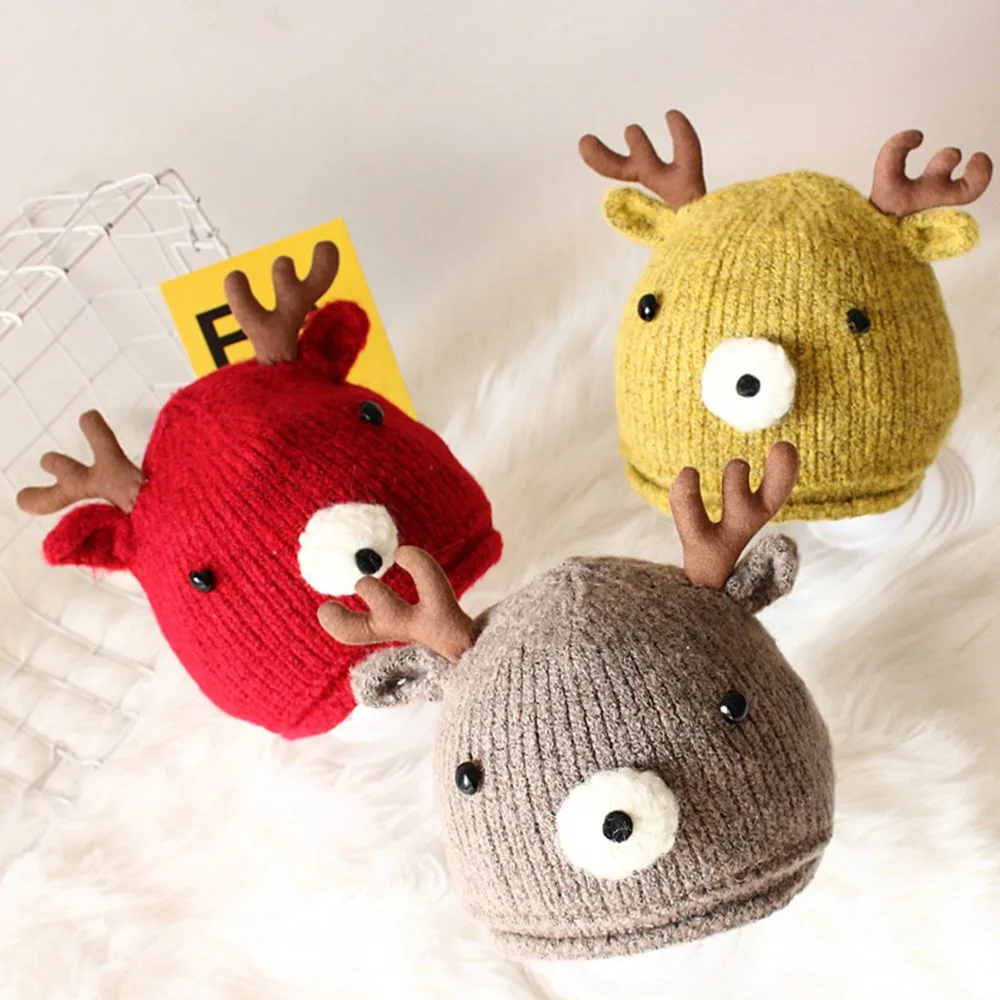 

Puseky Hot sale Christmas Toddler Baby Cartoon Winter Deer Horn Knitted Hat Baby Keep Warm Cap Dropshipping Baby Hats For 0-1Y