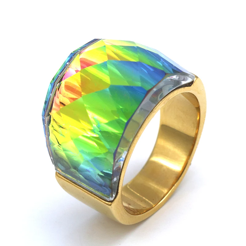 

PZ New Fashion Women Luxury Brand Colorful Glass Jewelry Ring 316L Stainless Steel Anillos Big Colorful Glass Ring For Women