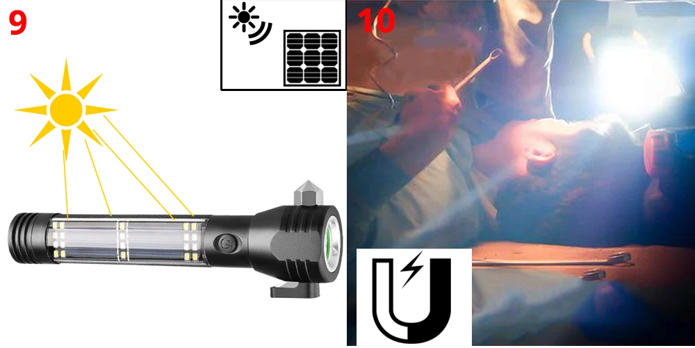 USB Перезаряжаемый светодиодный фонарик на солнечной батарее, многофункциональный аварийный фонарь, защитный молоток, мобильный мощный Компас для активного отдыха