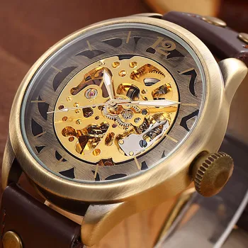 

SHENHUA Brand Vintage Bronze Men Watches Skeleton Clock Male Antique Steampunk Casual Automatic Mechanical Wristwatches relogio