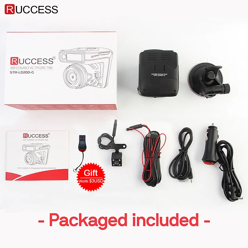 Ruccess STR-LD200-G 3 in 1 Car DVR Radar Detector Laser With GPS Full HD 1296P 1080P Dual Recorder Dash Camera Front and Rear