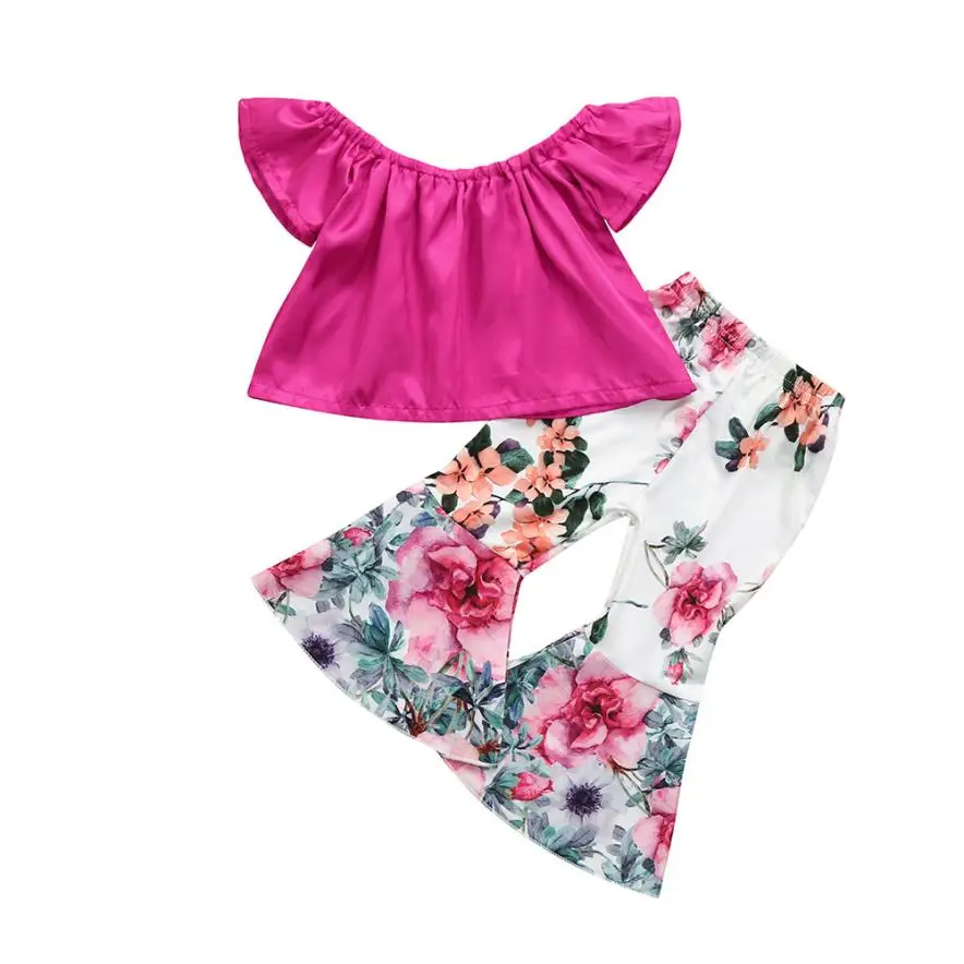 

2018 Fashion Hot Sale 2Pcs Toddler Baby Kids Girls Solid Off Shoulder Tops+Floral Pants Set Outfits Baby Set Clothing 6.21