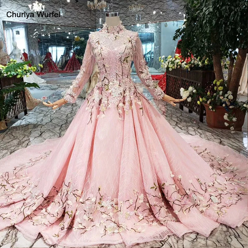 

LS169901-2 pink flowers evening dresses high neck long tulle sleeves lace up back muslim girls pageant party dresses custom size