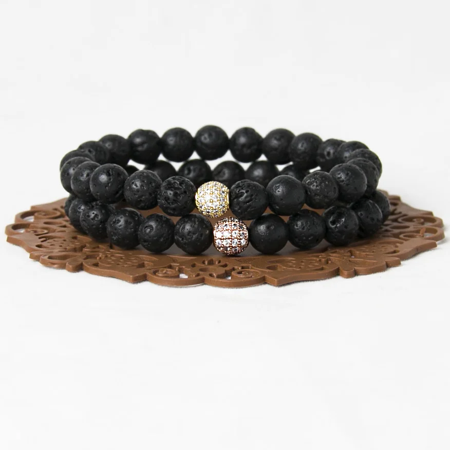 Black Lava Stone Bracelet with Micro Pave CZ Cubic Zirconia Disco Beads Bracelets Pulseras Men Women | Украшения и аксессуары