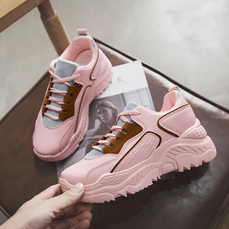 

Moxxy 2018 Spring Autumn Leather Sneakers Women Black Pink Beige Shoes Fashion Lace-up Platform Shoes For Women Casual Shoes