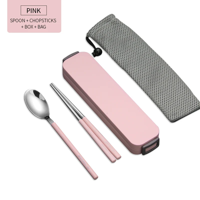 WORTHBUY, портативный набор посуды для путешествий, 304 нержавеющая сталь, набор посуды с ручкой из пшеничной соломы, кухонные столовые приборы, столовый набор - Цвет: Pink 3 Set And Bag