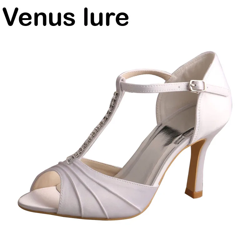 Hot White Satin T Bar Sandals Women With Crystals High Heeled White Satin T Bar Sandals Women With Crystals High Heeled P Toe Wedding Shoes