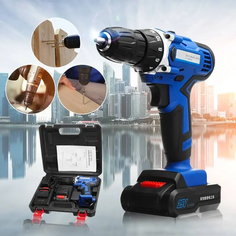 

Drillpro 25V Rechargeable Cordless Drill Hammer Electric Screwdriver Lithium-Ion Power Screwdriver With 2 Batteries 1 Charger