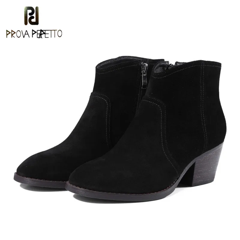 

Prova Perfetto Western Style Winter Black Brown Color Woman Short Boots All-match Shallow Cow Leather Hand-made PU Ankle Boots