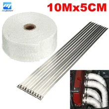 10M White Motorcycles Exhaust Header Pipe Wrap Heat Manifold Insulation Cloth Roll With 10 Stainless Ties