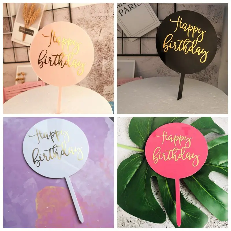

Ins Style Round Bronzing "Happy Birthday" Crown Bow-knot Cake Topper Dessert Decoration for Wedding Birthday Party Gifts
