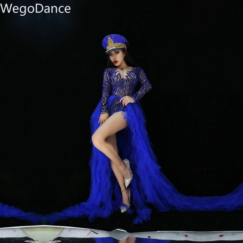

Glisten Rhinestones Bodysuit long sleeve Big Stretch Women's Party romper Bar Stage Female Singer Show blue lace tail skirt