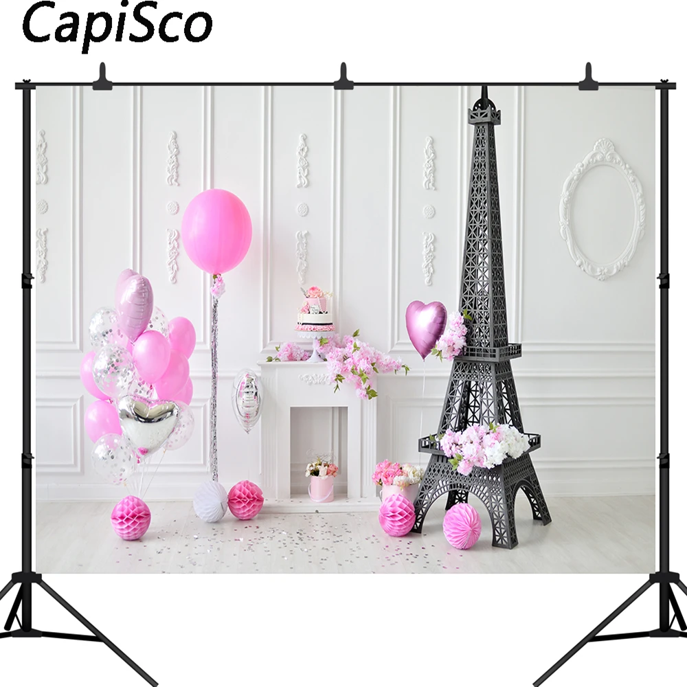 

Capisco 1st Birthday Party Backdrops for Photography pink Balloon Cake Eiffel Tower Photo Background Baby shower Photo booth