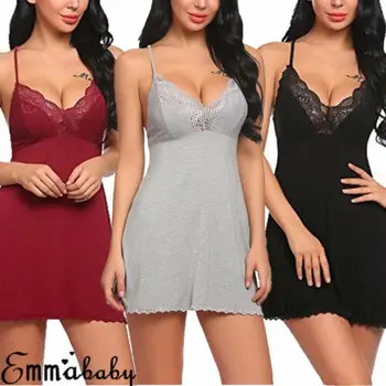 

Womens Lingerie Strappy V-neck Sexy Dress Babydoll Mini Nightdress Sleepwear