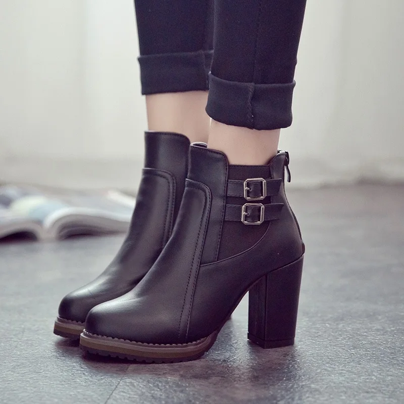 

Women Boots Thick Heel Women High Boots Women Shoes Black Plus Size 43 Ankle Boots Female Leather Boots Buckle Ladies Shoes
