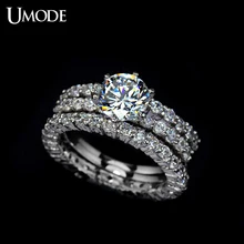 UMODE Fashion Bijoux Rhodium plated 1.5ct AAA CZ 3pcs/set Halo Wedding Rings Sets For Women Luxury Jewelry AUR0002