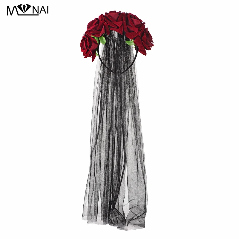 

Handmade Lolita Deep Red Rose Flower Hair Crown Garland Headband Vintage Festival Boho Goth Veil Hairs Accessories Gothic