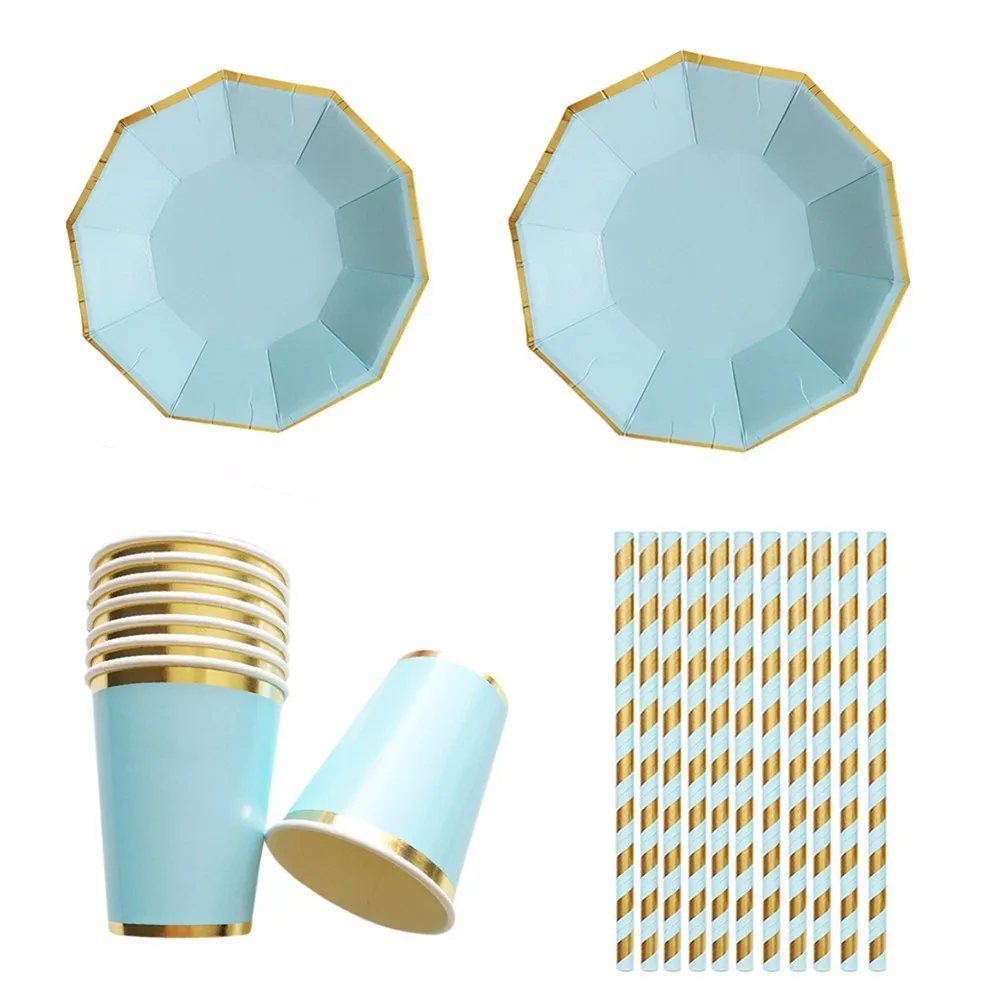 

Gold Blocking Pure Sky Blue Color Disposable Tableware Set Paper Plates Cups Straws Party Christmas Carnival Tableware Supplies