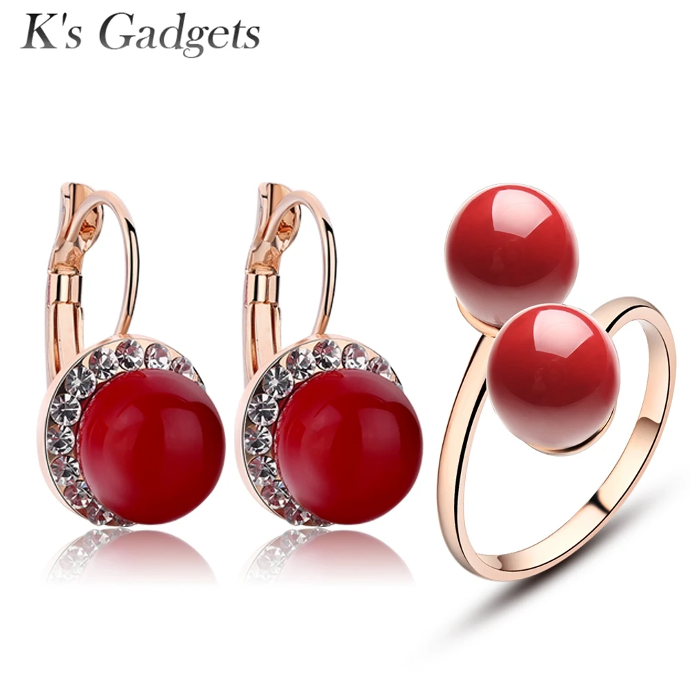 

K's Gadgets Earrings Ring Jewellery Sets Red Artificial Coral Rose Gold Color Crystal Rhinestone Women Weeding Jewelry Set