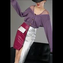 Европа для женщин зима осень Высокая мода Высокая талия лоскутное искусственная кожа Асимметричная юбка Женский карман юбка подчеркивающая индивидуальность