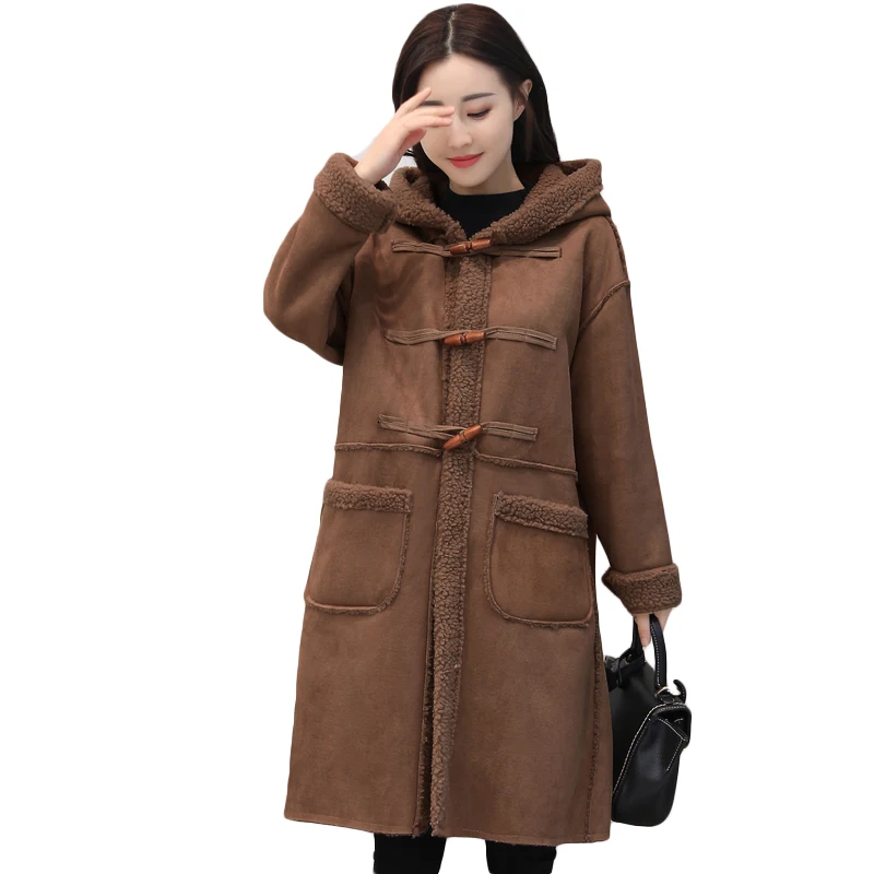 

new lambs wool winter coat female long hair thickening deerskin flocking korean fashion loose coats women hoody clothing