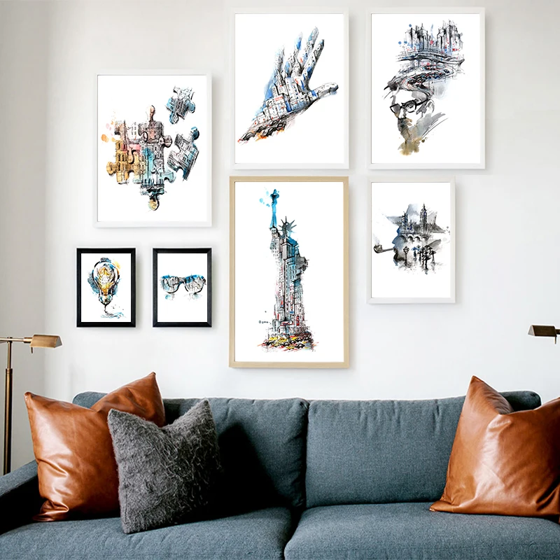 

Canvas Painting Abstract World Famous Building Character Wall Art Print Posters Modern Living Room Office Home Decor Background