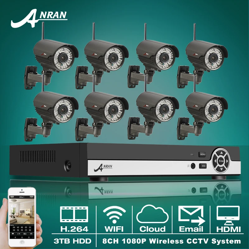 Onvif H.264 8CH 3TB HDD NVR Video Recorder HD Varifocal 2.8-12mm Lens 1080P Outdoor IR Wireless CCTV WIFI Network IP Camera Kit