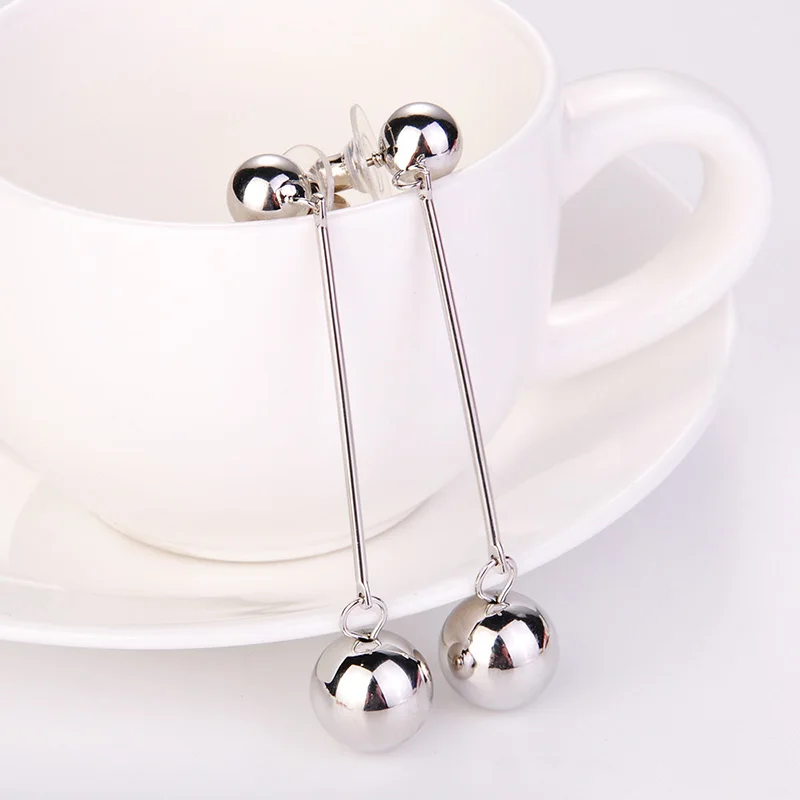 Fashion Silvery Golden Party Big Round Ball Metal Beads Unique Exquisite Hanging Long Drop Earrings