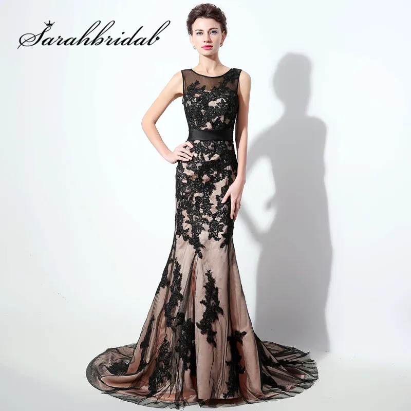 

Black Lace Formal Evening Dresses Elegant Sheer Neck Mermaid Long Party Prom Gowns Keyhole Back Sweep Train SD325