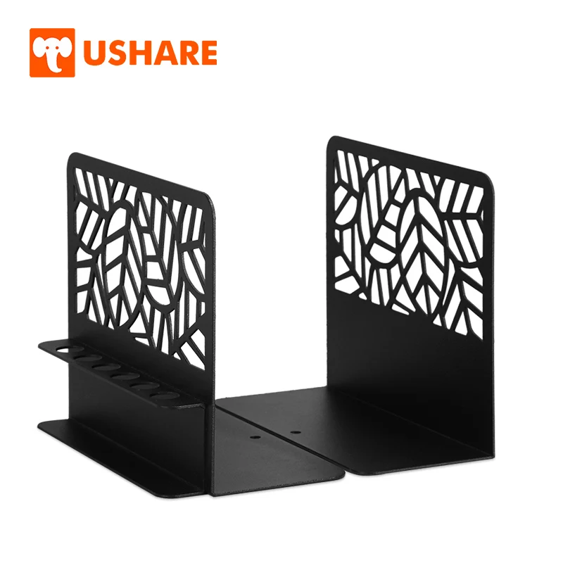 

USHARE Leaf Type Metal Bookends Adjustable Width Bookshelf 2Pcs Black Book Holder Multifunction Desktop Organizer Home Supplies