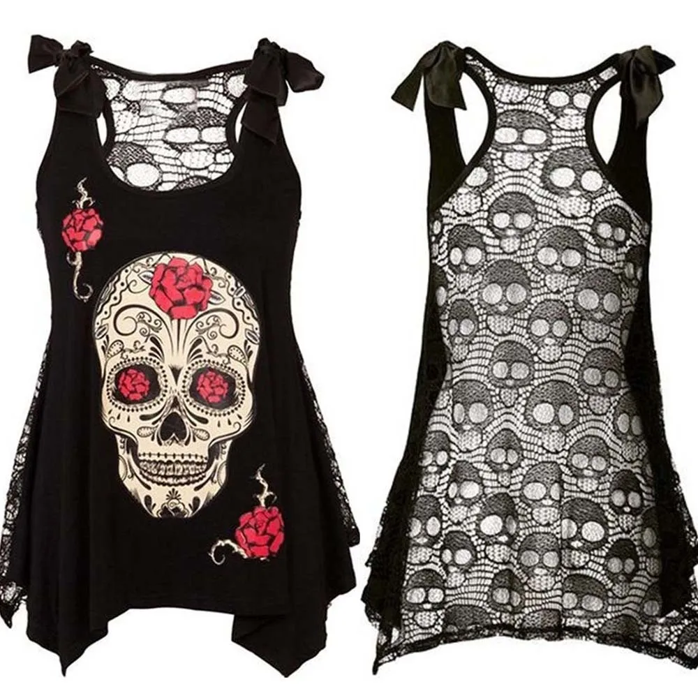 

Women Fashion Skull Print Loose Lace Long section Fit Loose Patchwork Bandages Casual Sleeveless Tops roupas