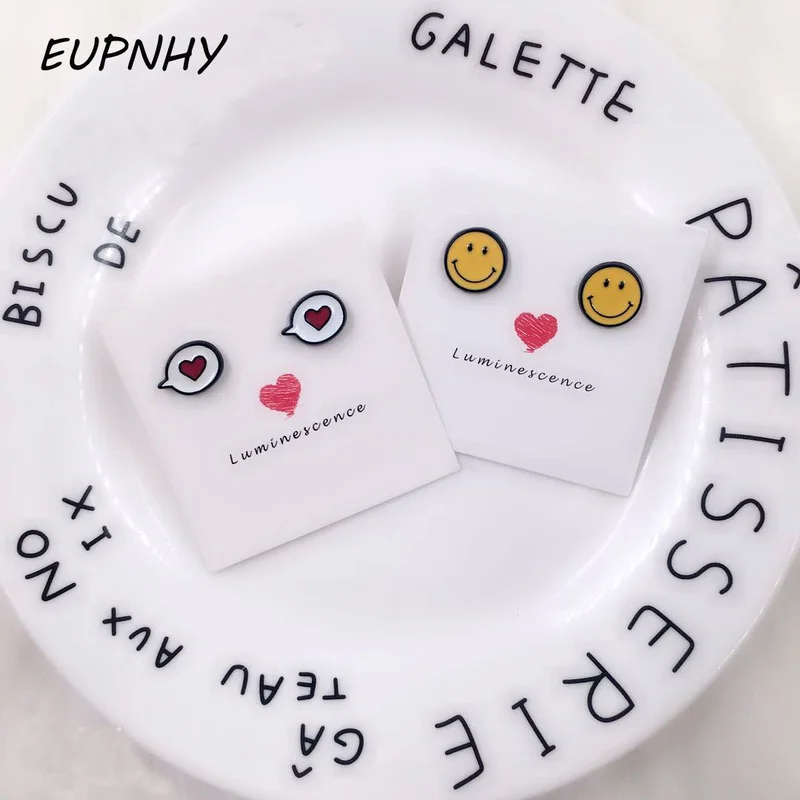 EUPNHY 1 пара с эмалью, улыбающееся лицо, милые серьги-гвоздики, гипоаллергенные серьги в форме сердца для девочек, женские серьги, ювелирные изделия