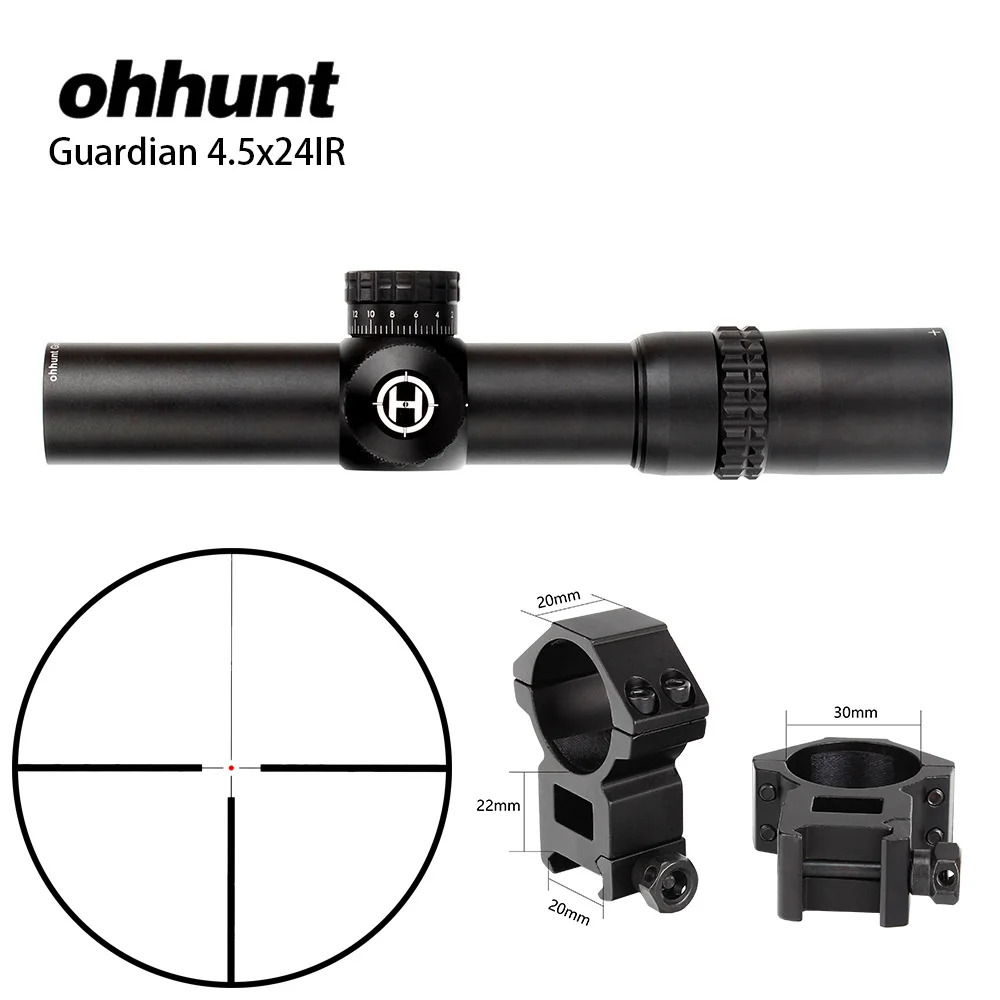 Тактический ohhunt Guardian 4,5x24 ИК охотничий прицел 1/2 полумиллиметровая точечная сетка 30 мм трубка оптика зрение турели Сброс прицел - Цвет: with Picatinny Rings