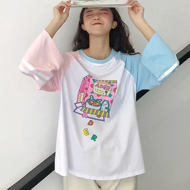2018 Kawaii T shirt Women Cartoon Printed O neck Long Sleeve Patchwork
