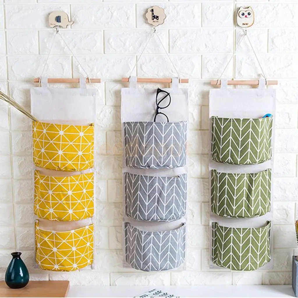 Buy 3 POCKET LINEN STORAGE BAG WALL HANGER CLOSET