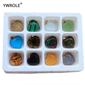 

12 PCS Boxed Mix Multi-style Heart Shape Natural Stone Charms Pendant Fit DIY Necklaces For Jewelry Making 20*20mm Wholesale